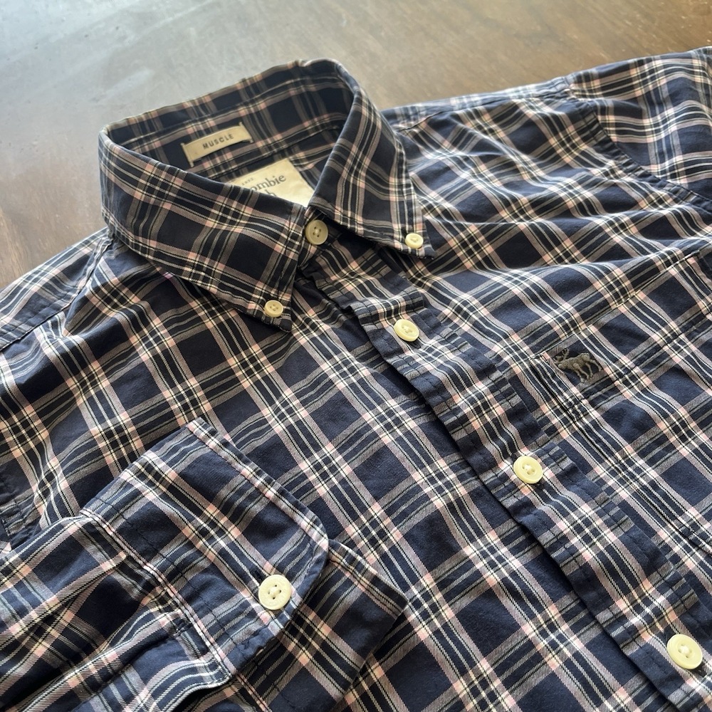 Abercrombie & Fitch Oxford Button Down Shirt Mens Muscle S Blue Pink Check